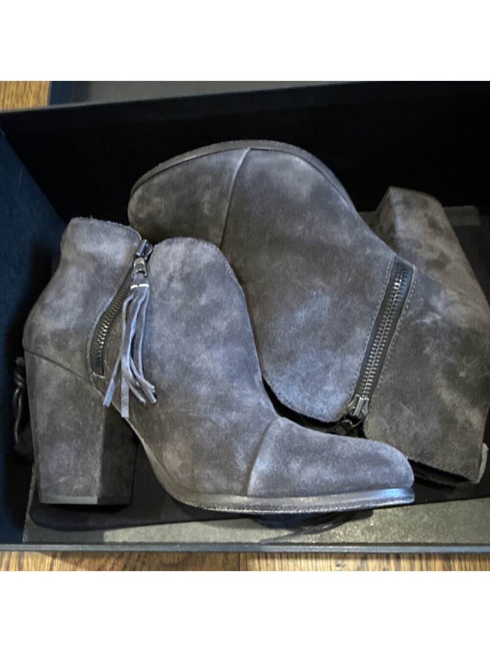 rag & bone Margot Fringe Suede Ankle Bootie Gray Almond Toe EU 38.5